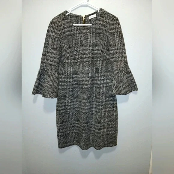 Calvin Klein Tweed Houndstooth Bell Sleeve Sheath Dress Womens Size 10 Office - Picture 1 of 7